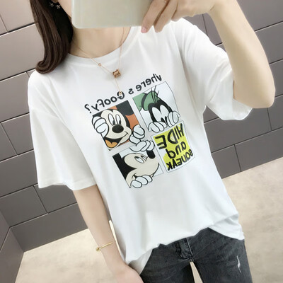 

Womens Casual Round Neck Cartoon Print Short Sleeve Loose Pullover T-Shirt Plus Size Summer