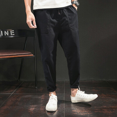 

Gobestart Men Pure Color Trousers Tethers Cotton Linen Nine Points Small Feet Casual Pant