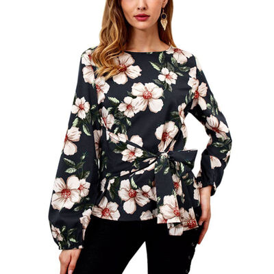 

Autumn Floral Print Long Sleeve T Shirt Women Casual Girl Bandage Tee Tshirt Loose Top T-Shirt
