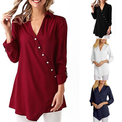 

Women Shirts Blouses Long Sleeve V Neck Solid Asymmetric Buttons Chiffon Blouse Tops V-Neck Office Style Blusas