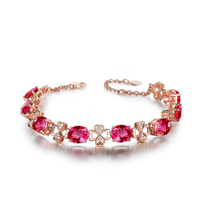 

Exquisite 18K Rose Gold Plated Gem Stimulated Red Tourmaline Stone Clovers Bracelet Jewelry