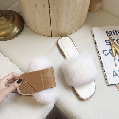 

Summer 2019 Korea retro wear sweet chic Joker net red flat padded mink Mao Mao slippers