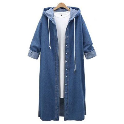 

Autumn Womens Long Denim Jacket Jean Hoodie Hooded Coat Button Cardigan Tops