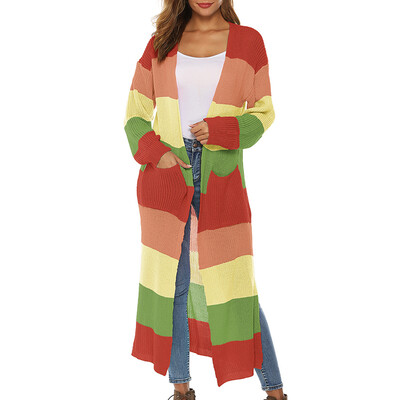 

Knit Long Loose Round Neck Rainbow Striped Cardigan Sweater Long Sleeve Cardigan