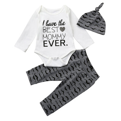 

Newborn Infant Baby Boy Letter Romper TopsPrint Pants Hat 3Pcs Clothes Set