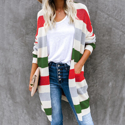 

Toponeto Women Long Sleeve Color Striped Pocket Casual Knitted Outerwear Cardigan Sweater
