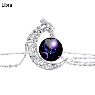 

Fashion Unisex Party Jewelry 12 Constellation Faux Gem Hollow Moon Necklace