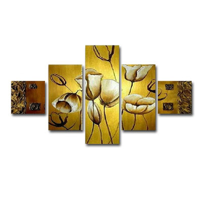 

Golden Tulip Pattern 5 Piece Abstract Floral Hand-Painted Oil Paintings on Canvas Wall Art for Home Living Room Office Decro Witho