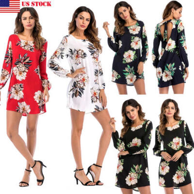 

US Women Boho Summer A-Line Long Sleeve Floral Print Ladies Holiday Beach Dress