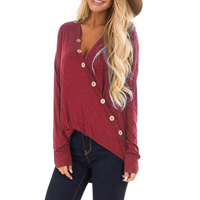 

T-Shirts Women Autumn New Style All-match Solid Color V Collar Long Sleeve Button T-shirts