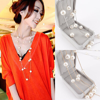 

Women Fashion Double Layers Alloy Faux Pearl Decor Sweater Long Chain Necklace