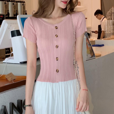 

Womens Pullover T-Shirt Casual Round Neck Solid T-Shirt Short Sleeve Slim Buttons Knitted Top T-Shirt