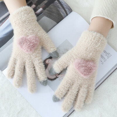 

cute Gloves Women Touch Screen 2019 New Winter Soft Rabbit Wool Gloves Warm Lovely Girls Pink Heart Mittens Gloves