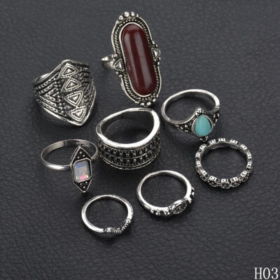 

8PCS Bohemian Vintage Tiger Eye Stone Rings Set Women Ethnic Antique SilverGold color Retro Ring