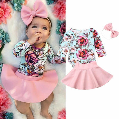 

Infants Baby Girl Pink Skirt Clothes 3 Pieces Set Floral Long Sleeve Bodysuits Tops Toddler Rompers Headband Outfits New Cute