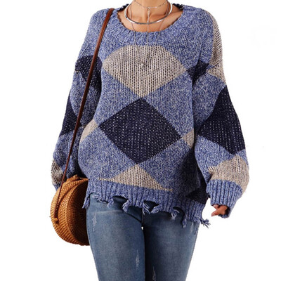 

2019 Autumn Winter Fashion Women Geometric patterns O-neck Long sleeves Casual Loose Knitted sweaters
