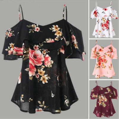 

Womens Chiffon Halter Tops Off Shoulder Loose Floral Tops Casual Shirt Blouse US