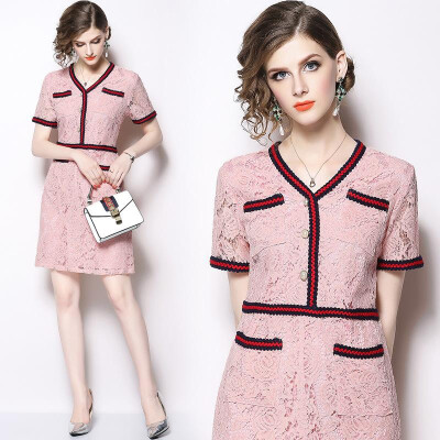 

M L XL elegant new summer 2019 midi dress women short sleeve pink straight V neck office lady