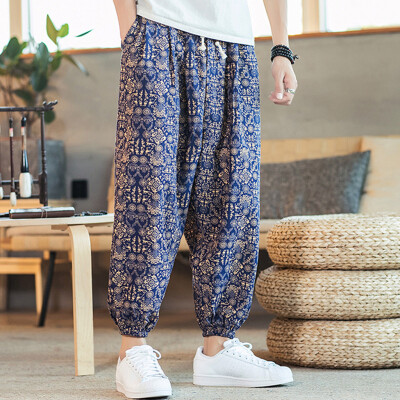 

Gobestart Mens Casual Vintage Style Loose Cotton Linen Printing Patchwork Lantern Pant