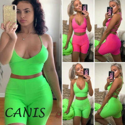 

Women Halter Strapless Halter Vest TopsHigh Waist Short Pants Sports Outfit Set