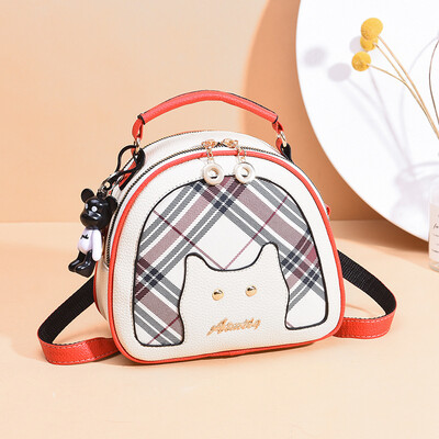 

New cute cat decorative check small round bag shoulder bag student Korean version ins wind children fun shoulder bag