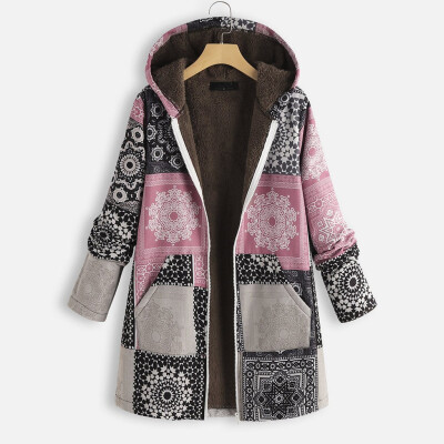 

Toponeto Fashion Women Winter Autumn Hooded Vintage Ethnic Print Zipper Warm Fleece Coat