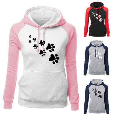 

Casual Women Dog Paw Print Hoodies Color Block Long Sleeve Hooded Sweatshirt