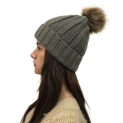 

Tailored Women Autumn Winter Outdoor Faux Fur Ball Hats Crochet Knit Holey Beanie Cap