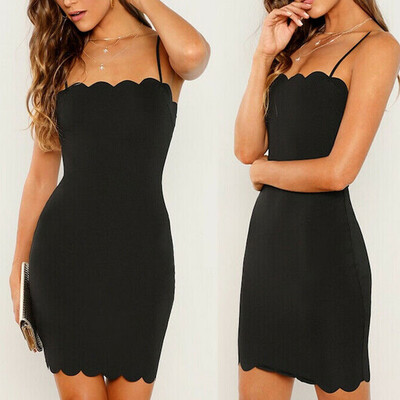 

Women Long Cami Scallop Trim Sleeveless T Shirt Bodycon Cami Tunic Mini Dress