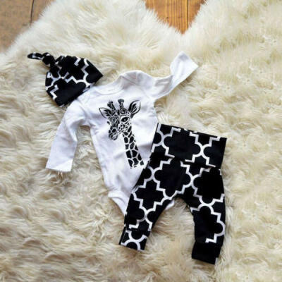 

USA 3Pcs Newborn Baby Boy Romper Tops Long Pants Hat Outfits Clothes 0-18M