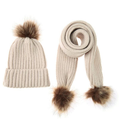 

2pcsSet Winter Warm Baby Kids Cute Fur Ball Knitted Beanie Hat Scarf