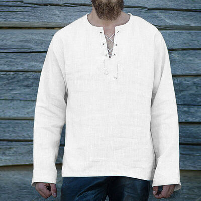 

Mens Linen V Neck Long Sleeve Basic Tee T-shirt Casual Tops Blouse -XXL