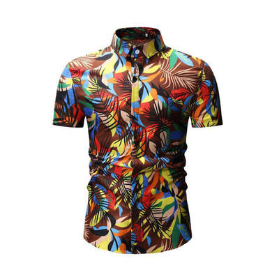 

Male Fashion Casual Thin Shirt Retro Cotton Short-sleeve Shirts With Colorful Plant Pattern For Men