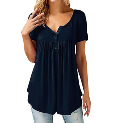 

Womens Fashion Casual V-neck T-shirt Pleated Button Loose Blouse Short Sleeve Irregular Hem Tops