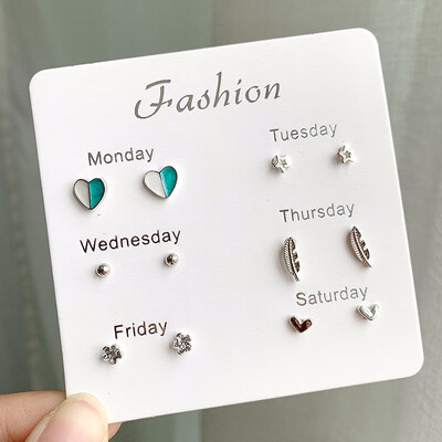 

EK490 6 Pairs Stud Earrings for Women Stars Heart Crystal Cute Earrings Set Fashion Jewelry Monday To Saturday Earring Brincos