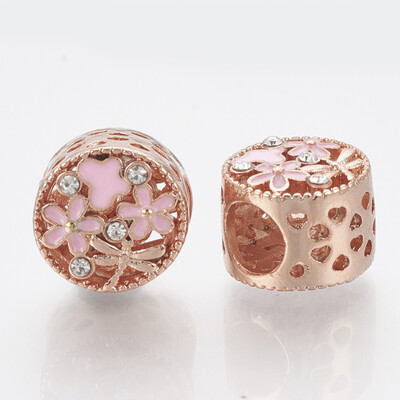 

Alloy Rhinestone European Beads with Enamel Large Hole Beads Hollow Column Pink Crystal Rose Gold 115x10mm Hole 5mm