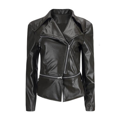 

Women Faux Leather Autumn Motorcycle Jackets Side Zipper Solid Color Coat