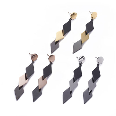 

304 Stainless Steel Ear Studs Rhombus Mixed Color 72mm Pendant 61x12x48mm Pin 07mm