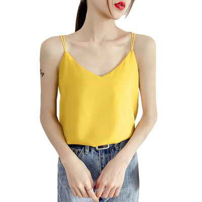 

Summer Casual Sleeveless Shirt Solid Color Loose Crop Tops Sweet Basic Chiffon V-Neck Camisole