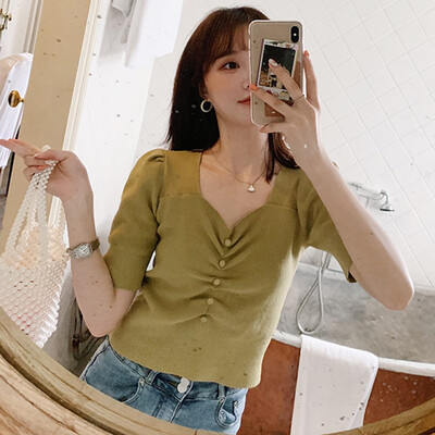 

Womens Buttons V Neck StripedSolid Short Sleeve Knitted Slim Crop Top T-Shirt
