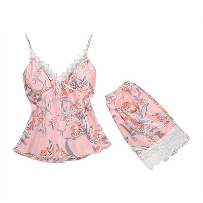 

Toponeto Women Sexy Satin Fashion Print Lace Bow Pajamas Sleepwear Set With Chest Pad