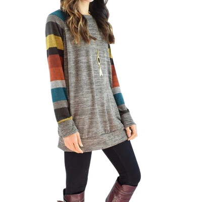 

Women Fashion Round Collar Summer Color Matching Loose Long Sleeve Casual Simple Wild T-Shirt
