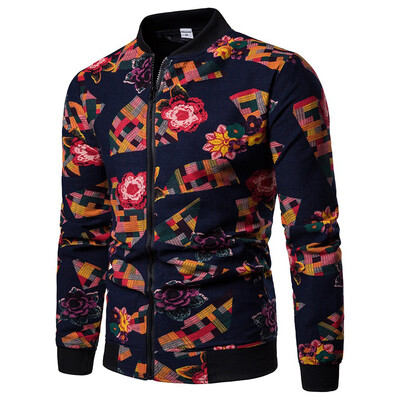 

Mens Flower Floral Coat Jacket Outerwear Long Sleeve Zipper Baseball Sport Tops