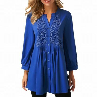

Solid color V-neck single-breasted long-sleeved printed medium-length shirt-style casual top