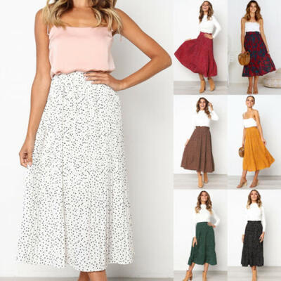 

BOHO Womens Floral Dot Jersey Gypsy Long Maxi Full Swing Skirt Beach Sun Dress