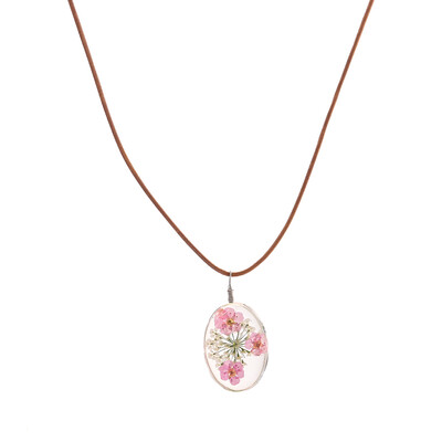 

Women Natural Dry Flower Statement Pendant Leather Chain Long Necklace Jewelry