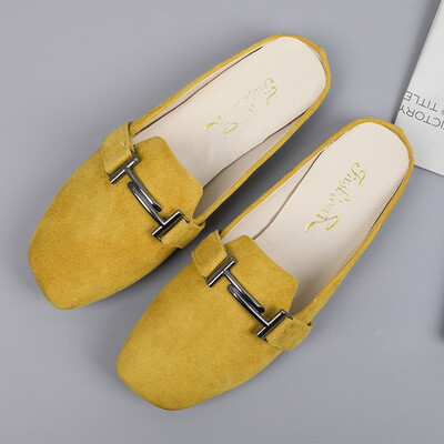 

Spring new Korean version of the square head drag flat with flat - bottom Baotou shoes a social lazy woman half - drag shoes
