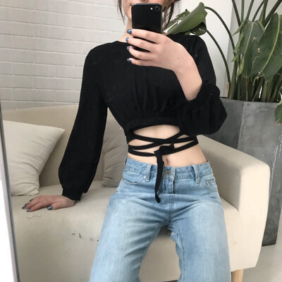 

Sexy Exposed Navel Women T-Shirt Autumn Round Collar Solid Color Long Sleeved Casual Tshirt Wild Tee Tops