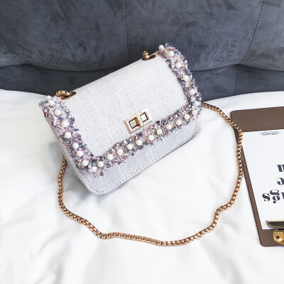 

Summer mini bag women 2019 new cotton&linen Pearl slung womens bag ins super fire Joker chain shoulder