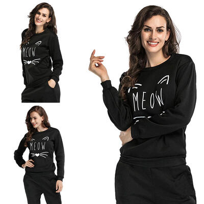 

Autumn Fashion Long Sleeve Round Collar Women Tops Cat Print Loose T-shirt
